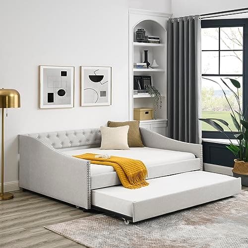 Upholstered Full Size Daybed with Storage and Headboard (Beige)