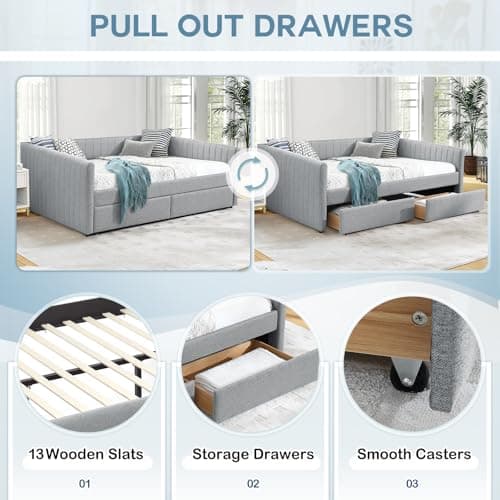 JEEOHEY Linen Grey Stripe Queen Daybed with Storage