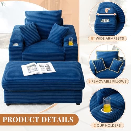 Cozy Blue Chaise Lounge Chair with Storage Ottoman & Cup Holders