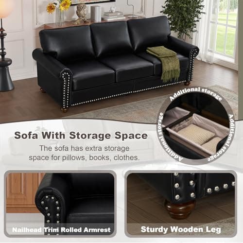 JEEOHEY Modern Faux Leather Sofa with Storage and Rolled Arm