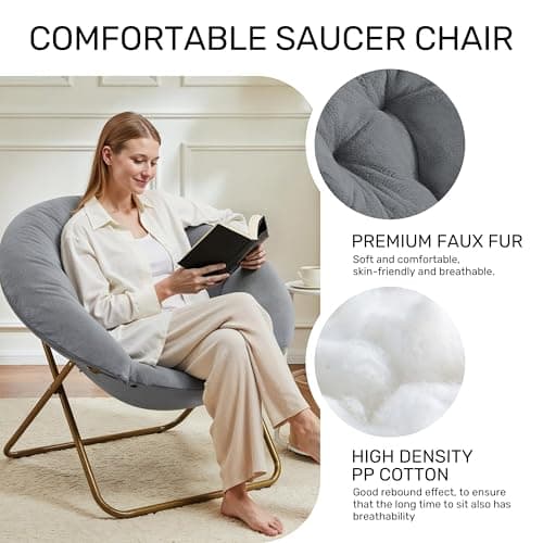 YSSOA Grey Foldable Saucer Chair, Comfortable Faux Fur for Adults & Teens