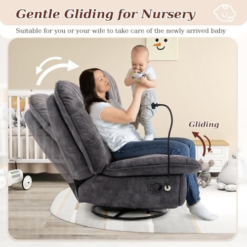 Black Swivel Recliner Rocker Chair with Footrest for Nursery, Living Room, Bedroom, and Office