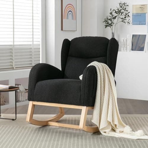 Rocking Chair for Nursery: Teddy Upholstered Glider with Side Pockets and High Backrest in Black