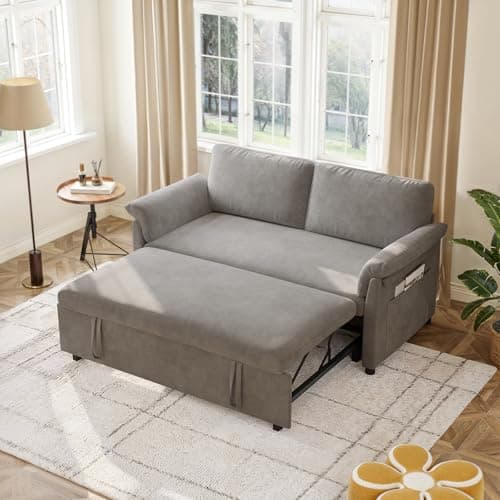 3-in-1 Chenille Convertible Sofa Bed with Pull-Out Bed & Adjustable Backrest, Grey