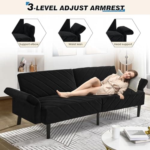 Oversized Velvet Futon Sofa Bed, 78 Convertible 3 Seat Sleeper - Black