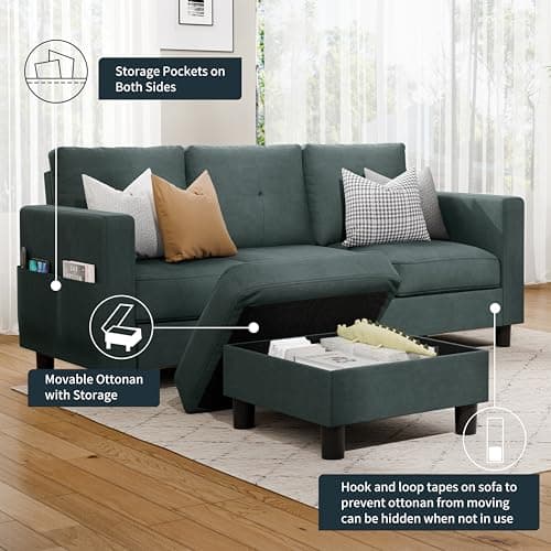 SUNLEI Movable Ottoman Storage L-Shaped Couch, Dark Grey Linen, Living Room Fit Small Spaces