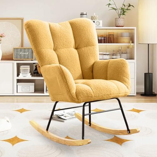 Beige Teddy Upholstered Rocking Chair with High Backrest for Bedroom & Living Room