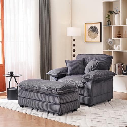 Oversized Cream White Corduroy Chaise Lounge Chair & Ottomans