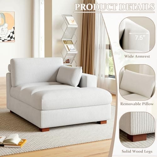 Oversized Beige Corduroy Chaise Lounge for Bedroom & Living Room (Left Arm)