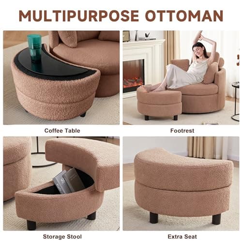 Modern Swivel Chair with Storage Ottoman for Living Room, Brown Teddy Fabric