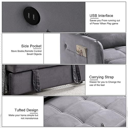 Modern Velvet Sleeper Sofa with USB and Adjustable Backrest