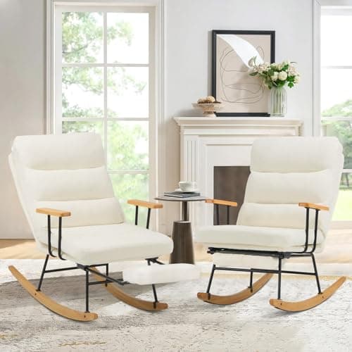 Retractable Footrest Rocking Chair, Teddy Upholstered, Beige, Modern Living Room Chair