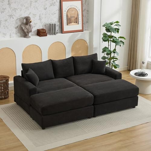 Black 3 Seater Fluffy Cloud Modular Sofa with Chaise Lounge, 82" W