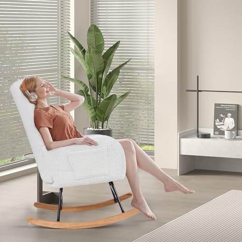 VECELO Thick Headrest Reading Glider Rocker with Side Pocket, White
