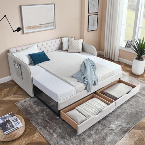 Antetek Modern Button Tufted Linen Daybed with Drawer, Beige