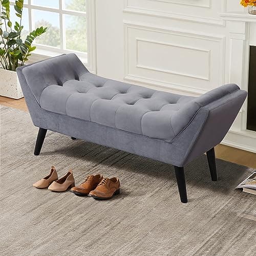 Alunaune Dark Gray Velvet Tufted Ottoman Bed Bench with Storage