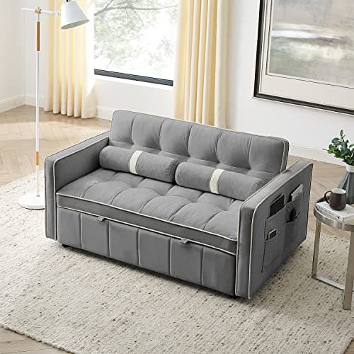 3 in 1 Tufted Velvet Couch Bed, Grey, 55.5"