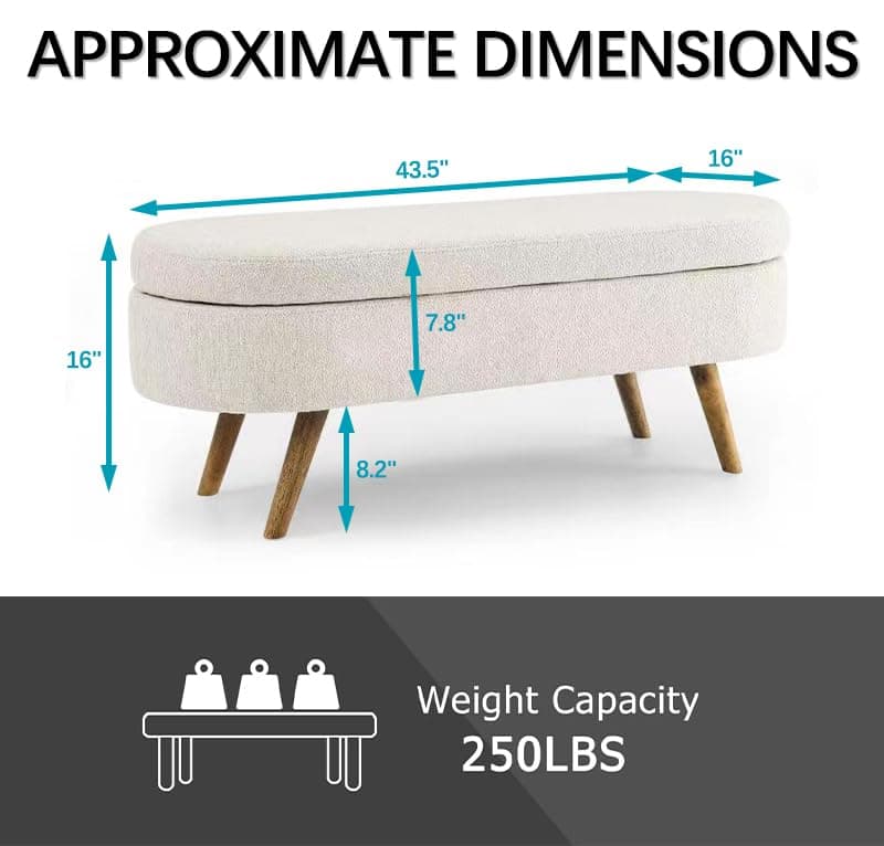 Beige Linen Oval Storage Bench 43.5" for Living Room/Ottoman Entryway
