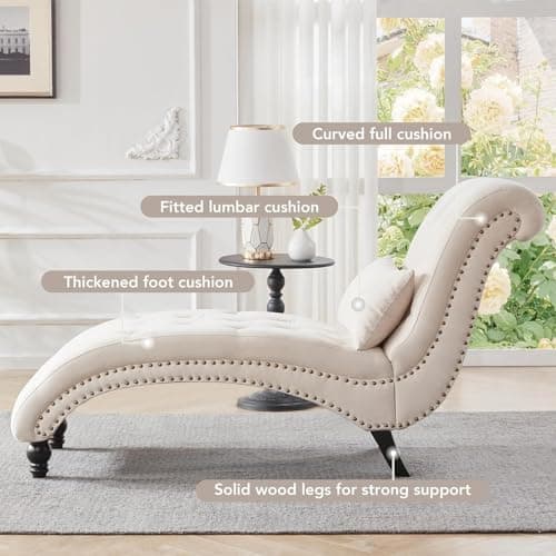 Tufted Beige Linen Rivets Chaise Lounge Chair for Living Room and Bedroom