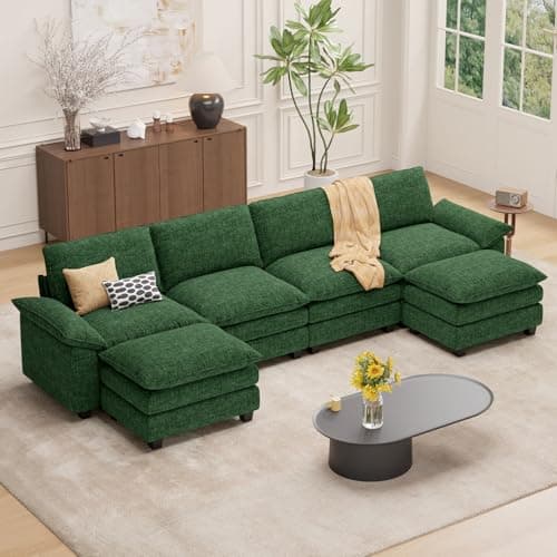 Beige L-Shaped 4-Seat Cloud Couch Sectional Sofa with Ottoman