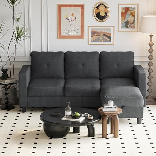 Shintenchi Brown 3 Seat L-Shaped Convertible Sofa with Ottoman, Linen Fabric