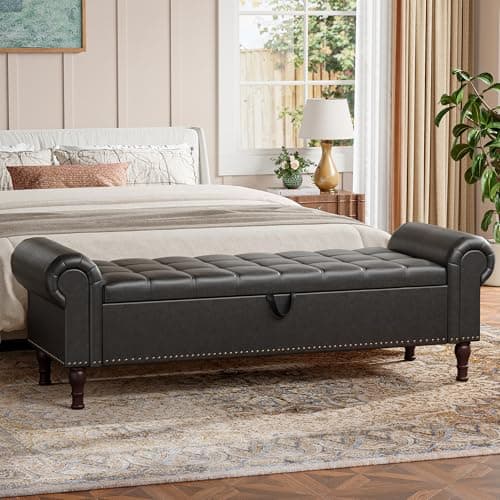 Vintage Rivet Storage Bench, Black, 51" Armless Upholstered Ottoman