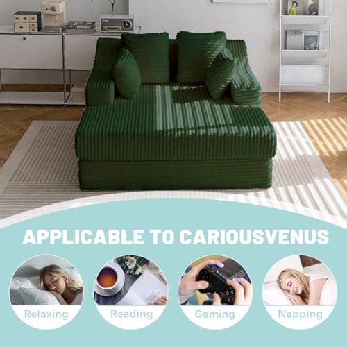 Oversized Green Chaise Lounge Chair with 4 Pillows, Living Room or Bedroom Sleeper