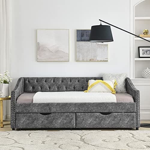 Modern Velvet Upholstered Daybed with Drawers