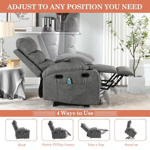 Electric Power Lift Recliner Chair for Elderly with Massage & Heat, PU Leather, Grey