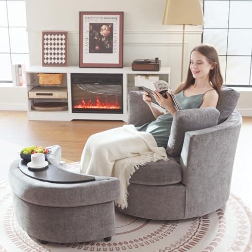 40" Modern Black Swivel Chair with 360° Metal Base & Plush Pillows, Thick Cushion, Living Room & Bedroom Accent (Black)