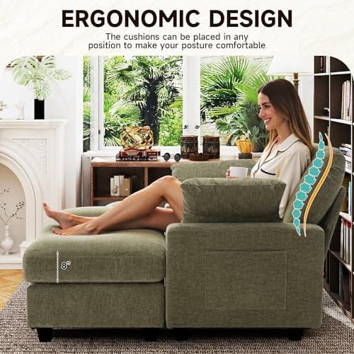 Oversized Chenille Chaise Lounge Chair with Ottoman (57.6", Green)
