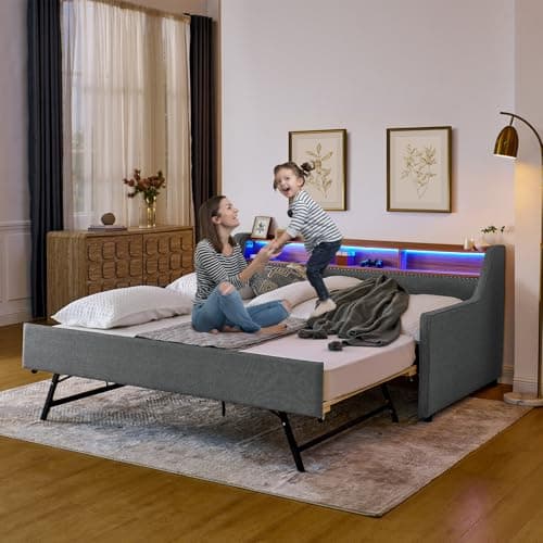 Daybed with Pop Up Trundle and Charging Station, King Size Upholstered Day Bed for Living Room or Bedroom (Grey)