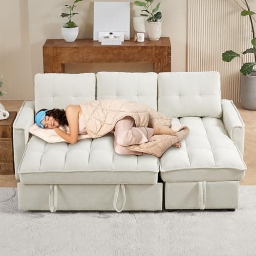 Convertible Sectional Sleeper Sofa Couch with Pull Out Bed,78" Tufted Chenille L Shaped Couch w/ Reversible Storage Chaise&USB/Type C Charge Port for Living Room,Office,Apartment(3-Seater,Beige)