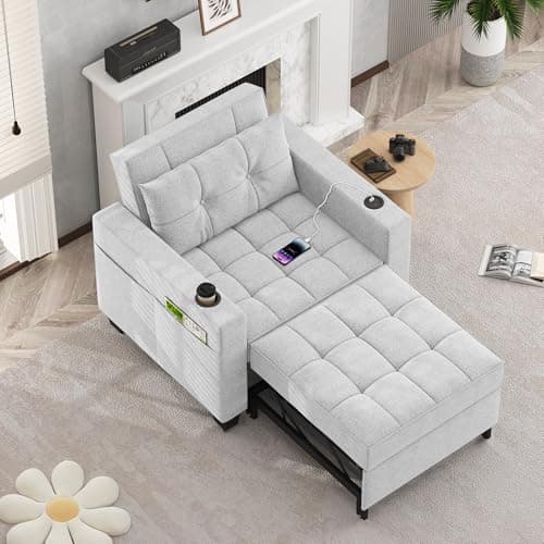 DURASPACE 3-in-1 Convertible Pull Out Sofa Bed with USB, Gray Faux Leather for Living Room