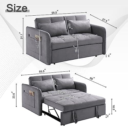 Modern Velvet Sleeper Sofa with USB and Adjustable Backrest