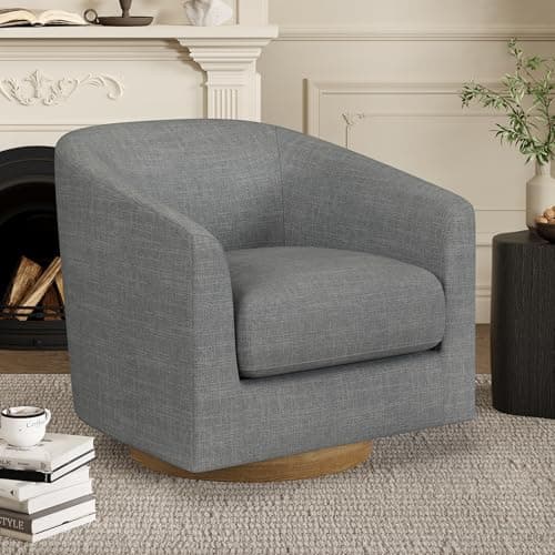 Ivory White Swivel Accent Chair with Solid Wood Base - For Bedroom, Reading, or Waiting Room