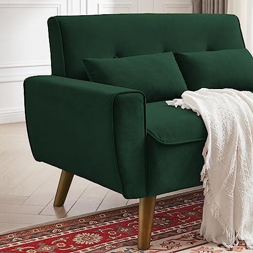 Mid Century Green 2 Seater Loveseat with Wooden Legs