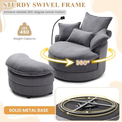 Modern Grey 360 Degree Swivel ARMChair with Phone Holder & Storage Ottoman