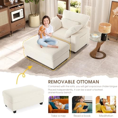 Oversized Indoor Chaise Lounge Chair with Ottoman - 57.5 Corduroy Sofa for Bedroom, Living Room, Office (Beige)