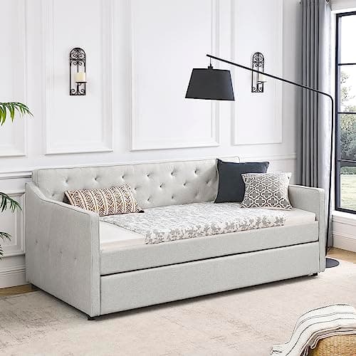 Modern Upholstered Daybed with Trundle for Twin Size, Beige Color