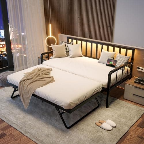 MU Black Metal Daybed with Trundle, Charging Station, and LED Lights