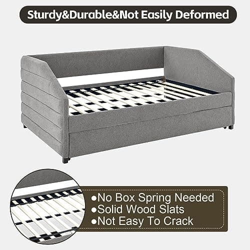 JEEOHEY Twin Size Daybed with Trundle, Modern Upholstered Linen Sofa Bed, Solid Wood Frame, Grey