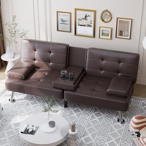 Shahoo Faux Leather Convertible Futon Sofa Bed for Living Room, Brown