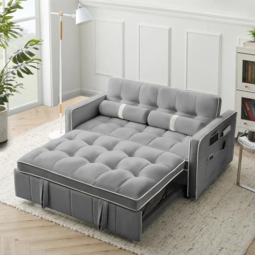 3-in-1 Sleeper Sofa Bed with Velvet Tufted Pull Out Couch, Adjustable Backrest (Grey)