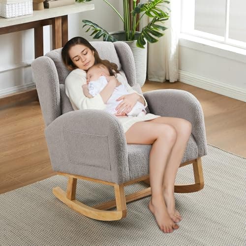 Modern Nursery Rocking Chair with High Backrest and Side Pockets - Grey