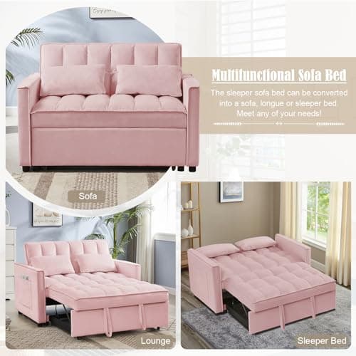 Convertible Sleeper Sofa Bed with Adjustable Backrest, Velvet Upholstered, Pink, 53
