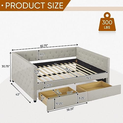 Twin Size Daybed with Storage Drawers, Linen Upholstered Sofa Bed Frame