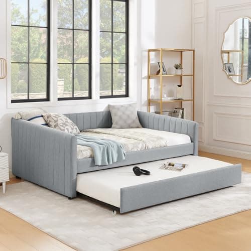 Twin Size Daybed with Trundle and Stripes - Beige