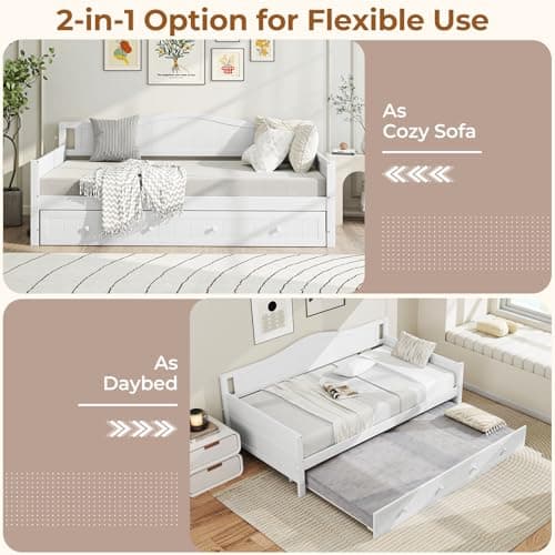 Giantex White Twin Daybed with Trundle & Slats Support