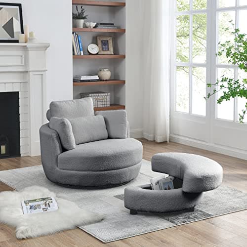 Modern Swivel Accent Chair with Ottoman for Bedroom or Living Room in Grey